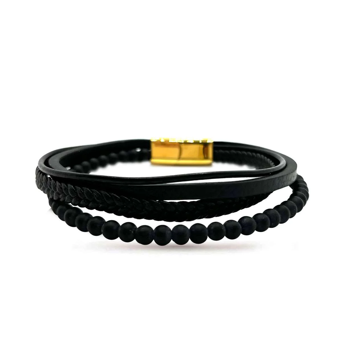 Pulsera Acero Dorado Hombre Caucho Y Piel Cuádruple Negro