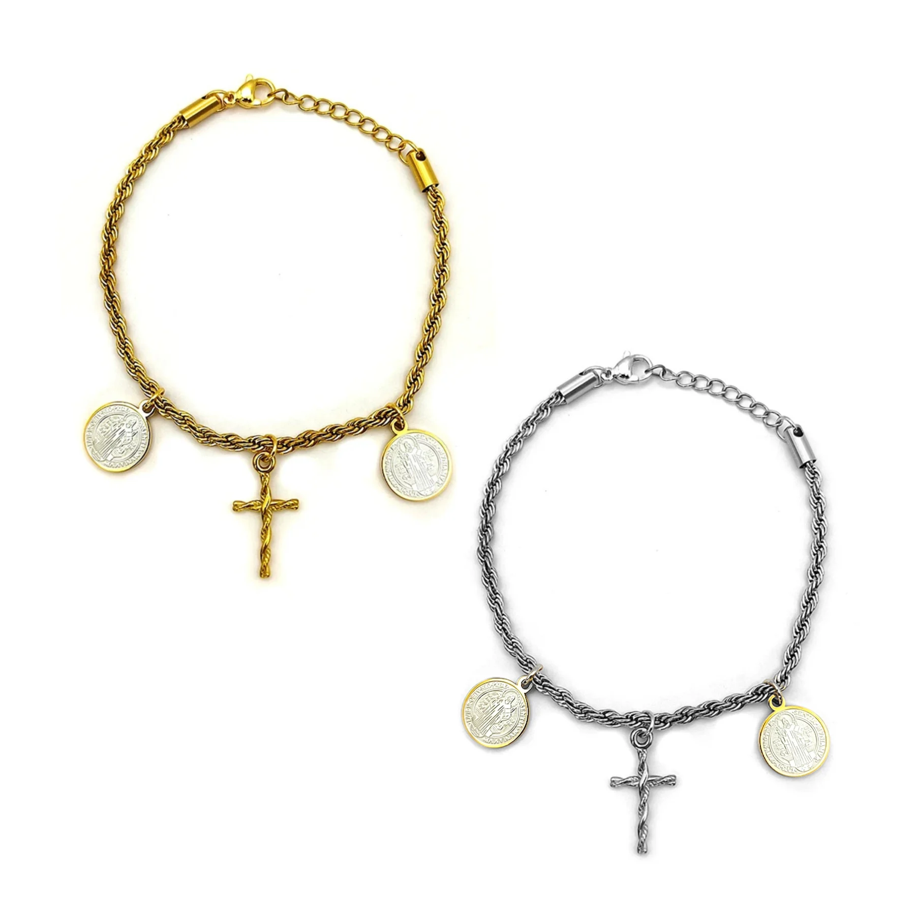 Pulsera Acero Medalla Bicolor San Benito Cruz Trenza