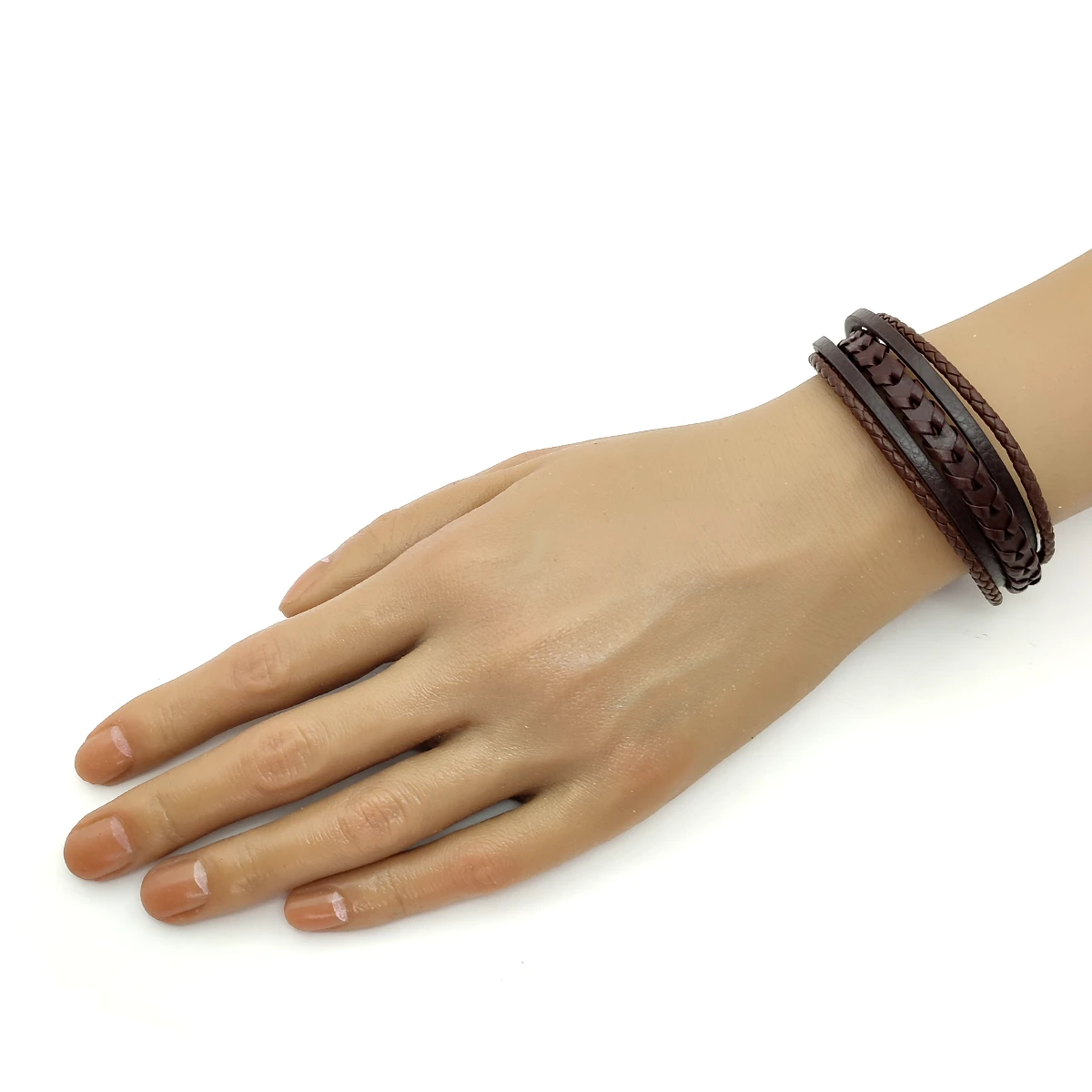 Pulsera Acero Plateado Piel Cafe 5 Tiras Tejidas y Lisa