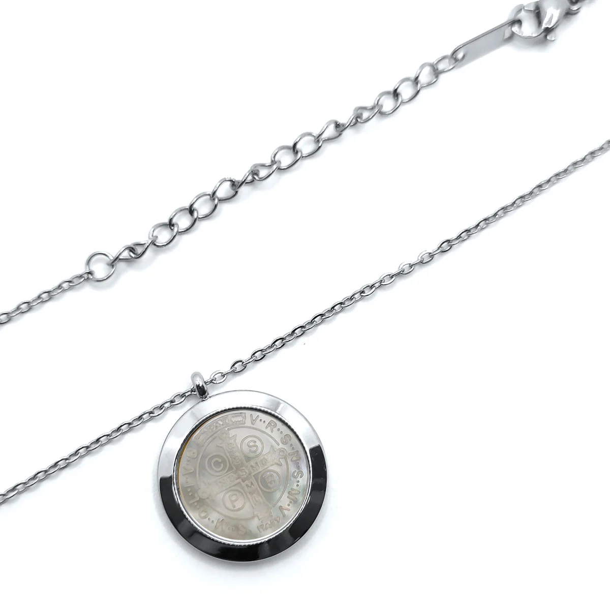 Collar Acero Inox Plateado San benito Madre Perla Medalla