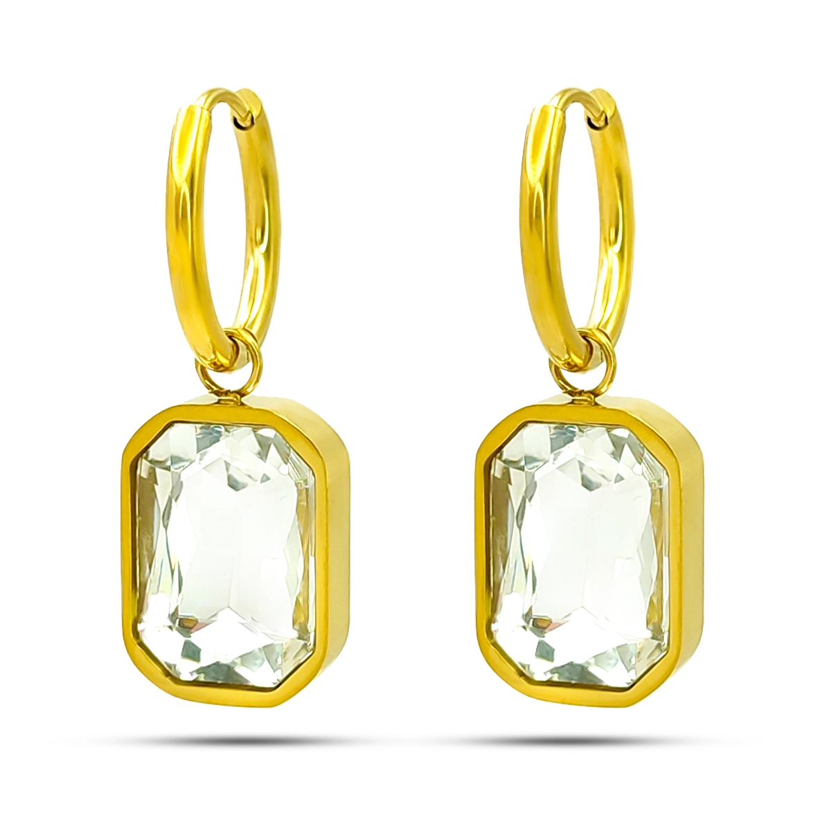 Aretes Acero Dorado Arracadas Huggies Cristal Rectangular