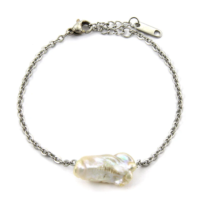 Pulsera Acero Plateado Perla de Rio Natural Buena Fortuna
