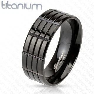Anillo Titanio Argolla de Matrimonio Negro Cuadricula