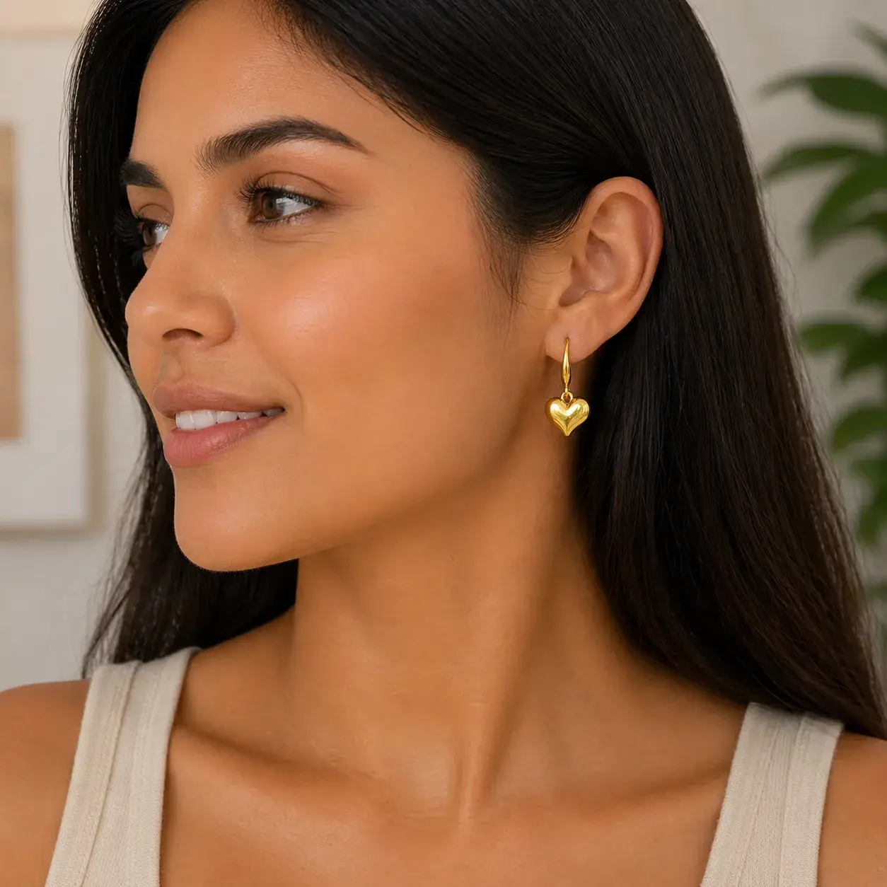 Aretes Acero Inox Dorado Gancho Colgante Corazón