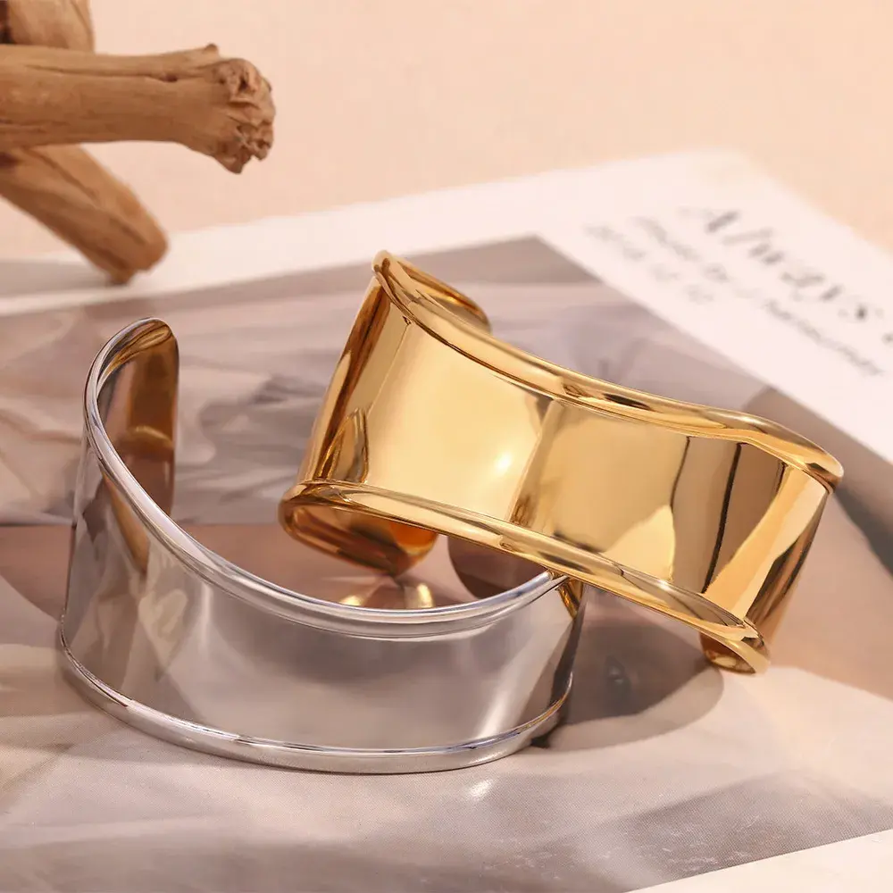 Pulsera Acero Brazalete Ancho Liso Ajustable Elegante