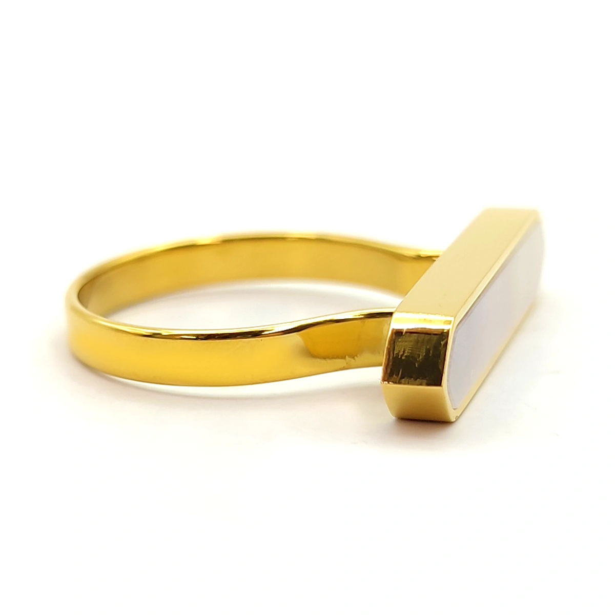 Anillo Acero Dorado Madre Perla Largo Horizontal