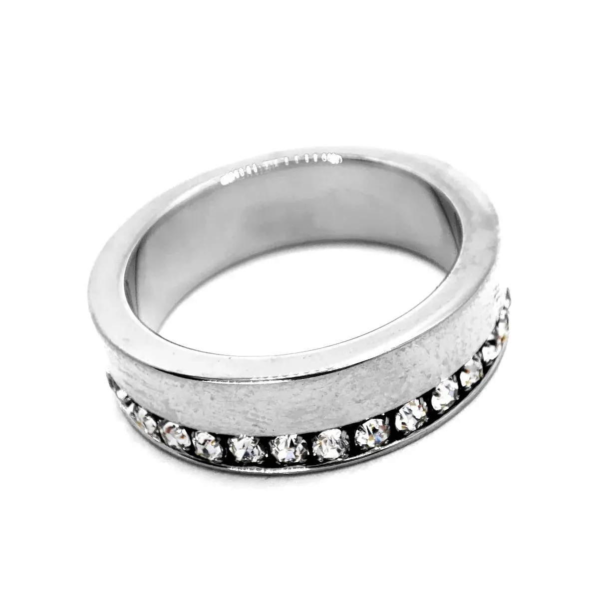 Anillo Acero Plateado Elegante Argolla Linea Zirconias