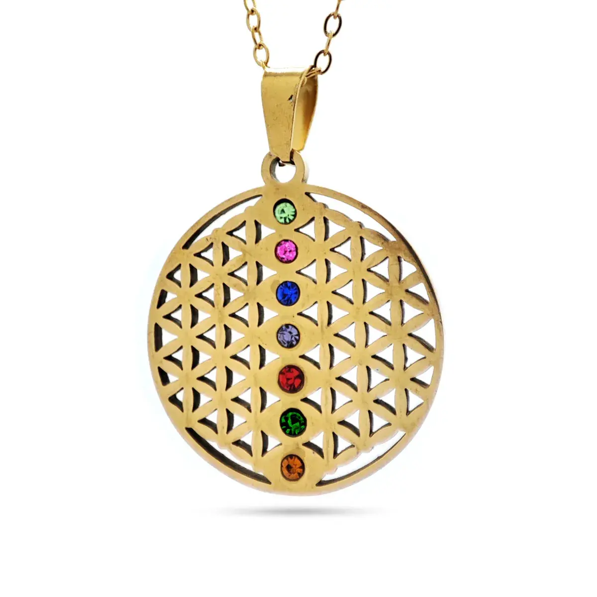 Collar Acero Dorado Flor de la Vida Cristales 7 Chakras