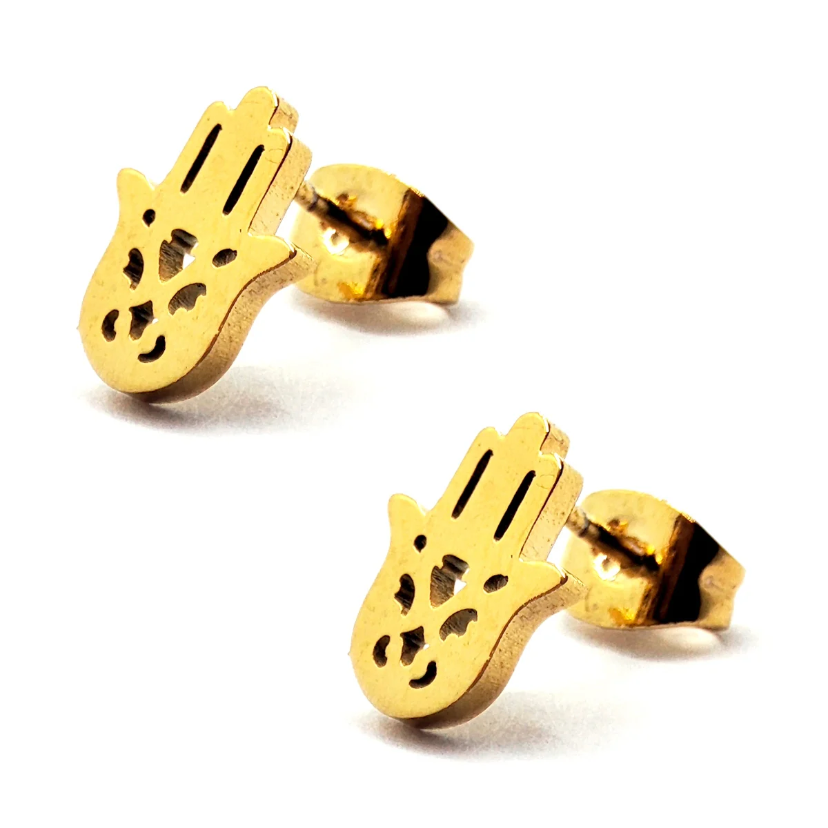 Aretes Acero Dorado Tipo Broquel Mano de Fatima