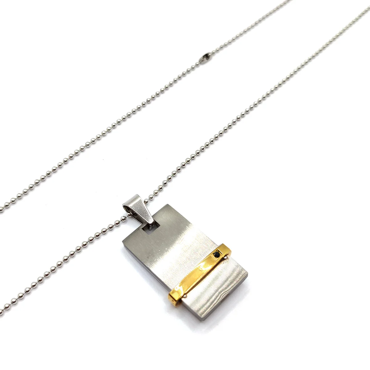 Collar Acero Plateado Placa Linea Dorada Zirconia Clásico