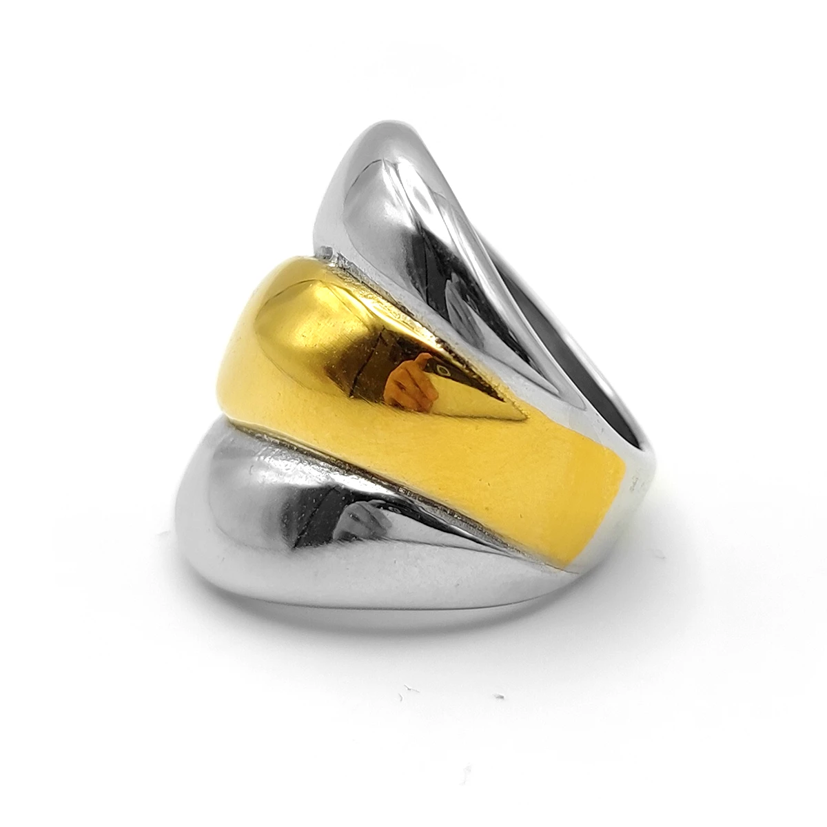 Anillo Acero Inox Bicolor Chunky Tres Lineas Gruesas