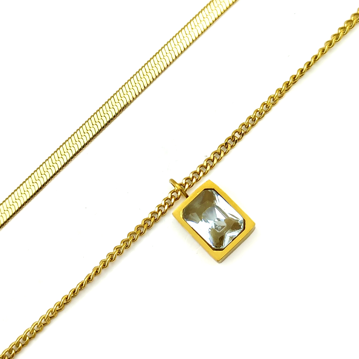 Collar Acero Dorado Doble Planchada Cubana Zirconia