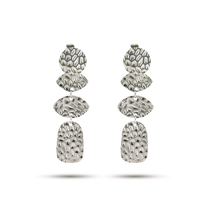 Aretes Acero Plateado Largos Ovalados Martillado Elegante