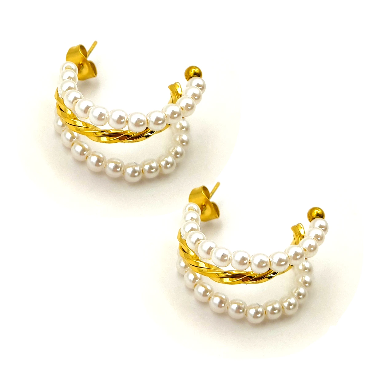 Aretes Acero Dorado Triple Arracadas Torcidas Perlas