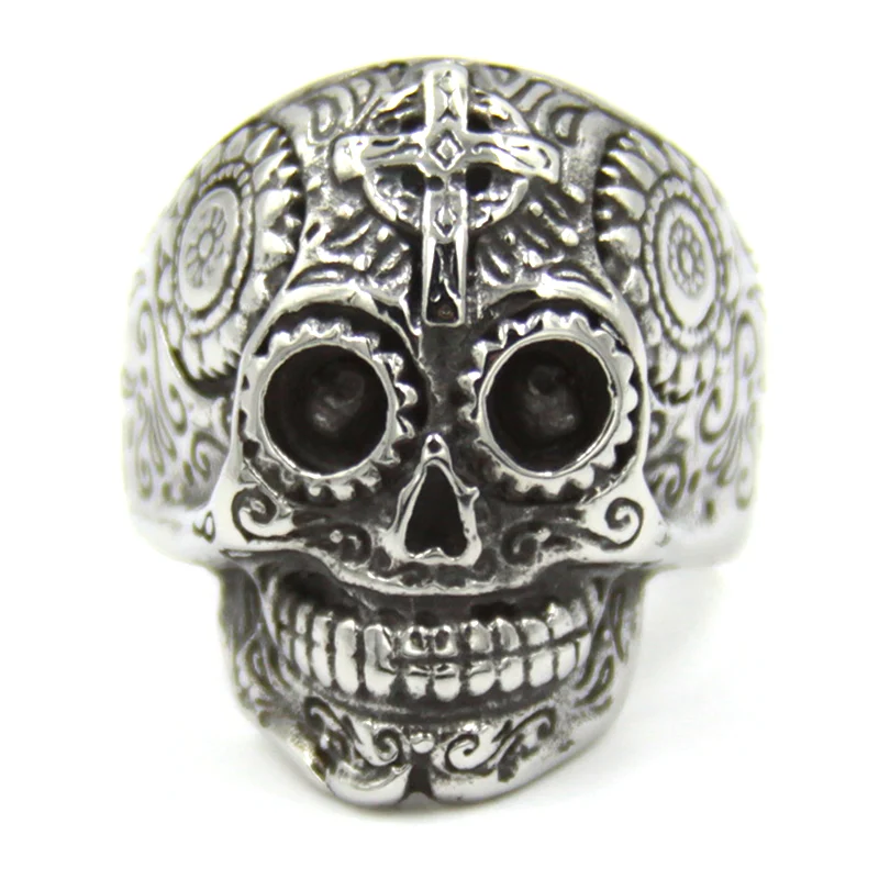 Anillo Acero Plateado Catrina Cruz Frente Chica