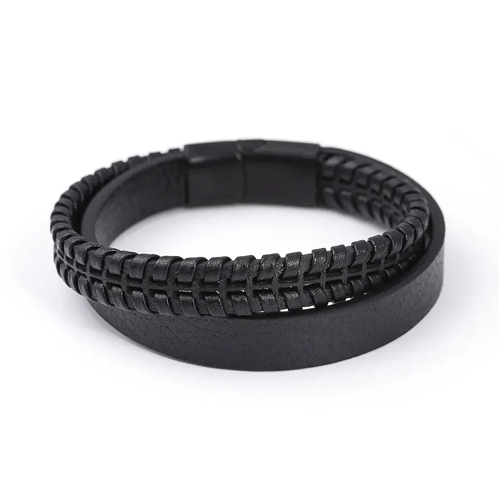 Pulsera Acero Negra Piel Dos Tiras Gruesas Tejida y Lisa