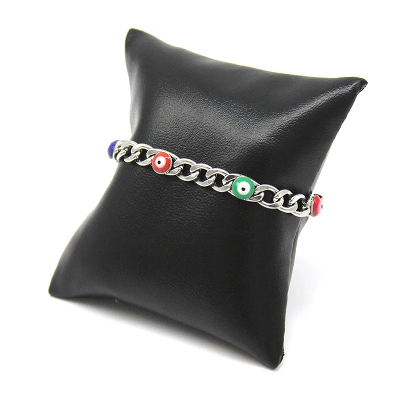 Pulsera Acero Inox Plateado Eslabon 3en1 Ojos Turcos