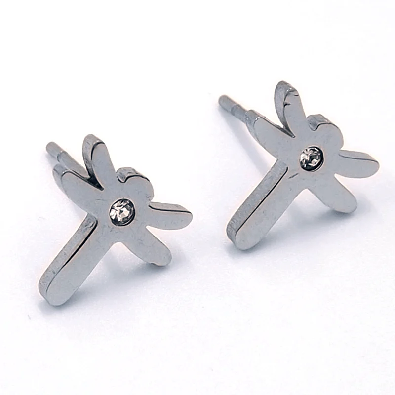 Aretes tipo Broquel Plateados Libelula con Cristal