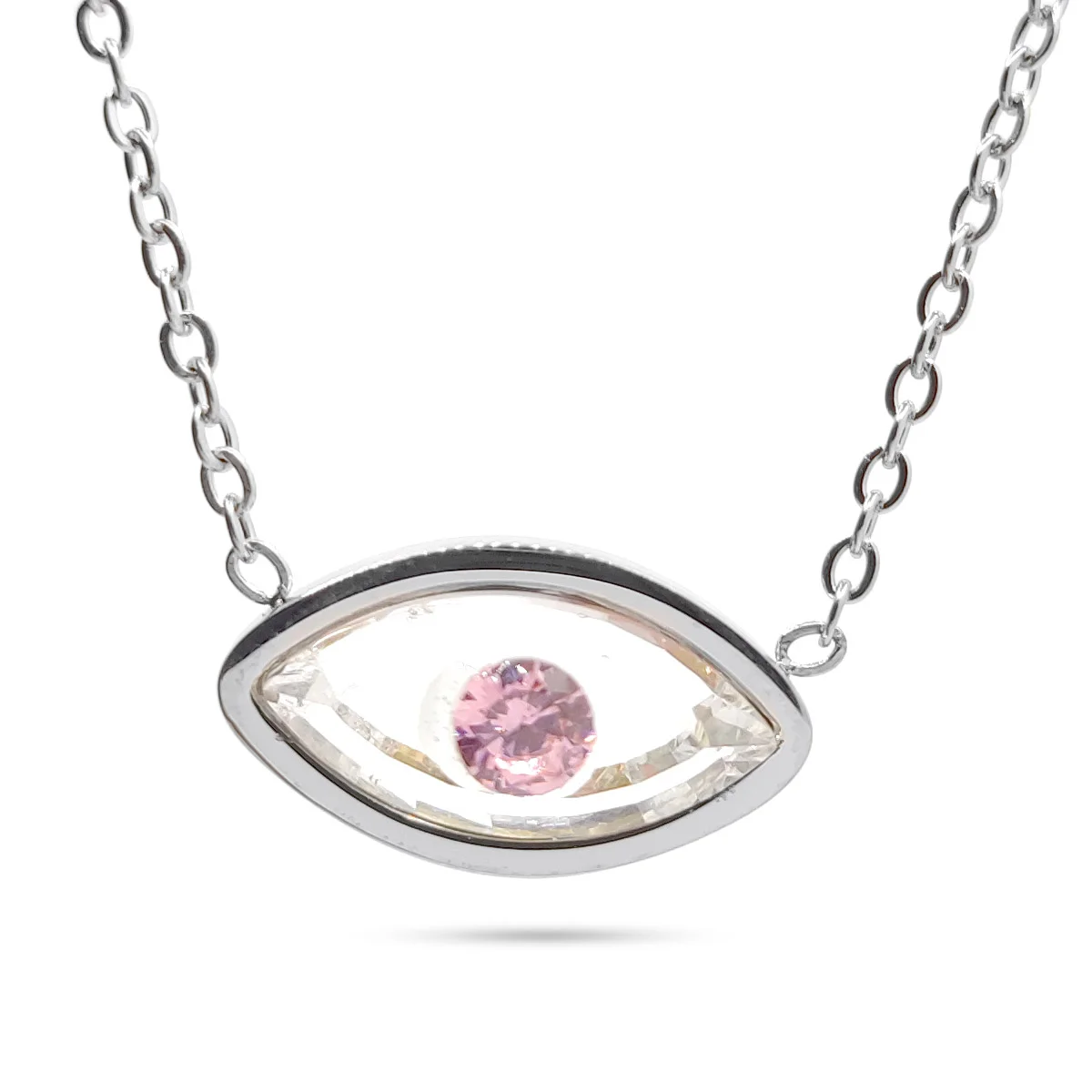 Collar Acero Inoxidable Plateado Ojo Pupila Rosa Cristal