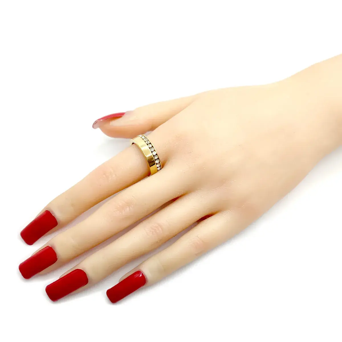 Anillo Acero Dorado Elegante Argolla Linea Con Zirconias