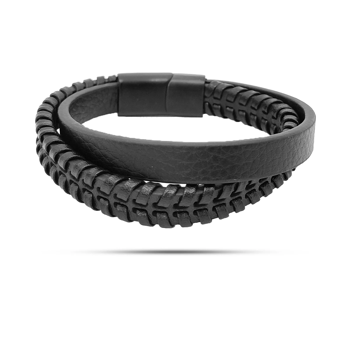 Pulsera Acero Negra Piel Dos Tiras Gruesas Tejida y Lisa