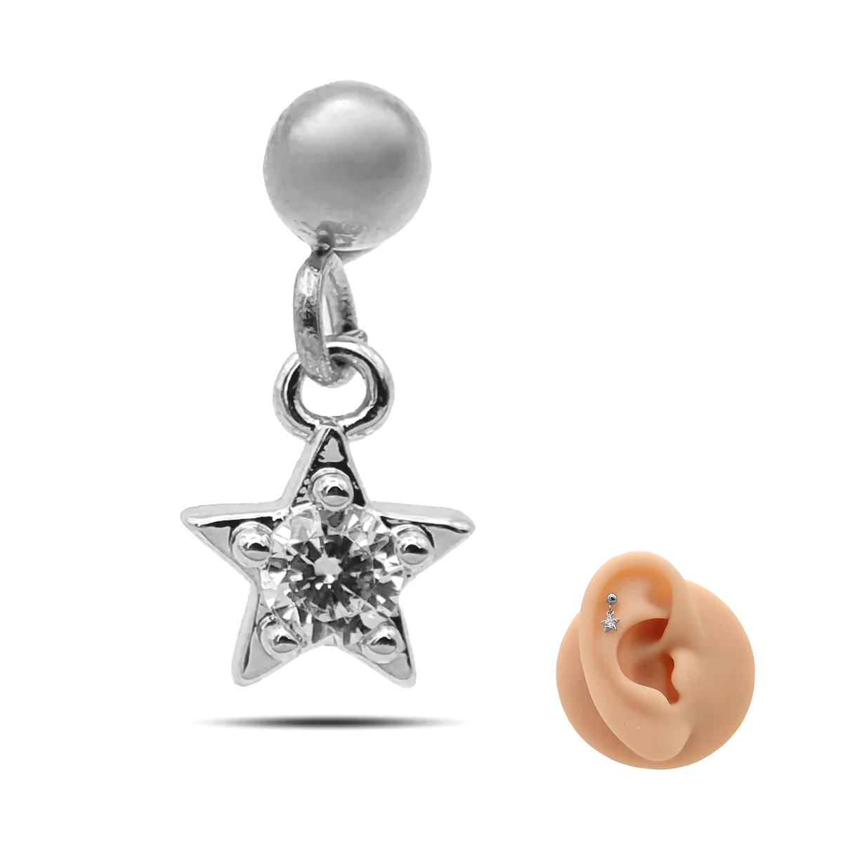 Piercing de Oreja Acero Bola lisa Colgante Estrella Cristal