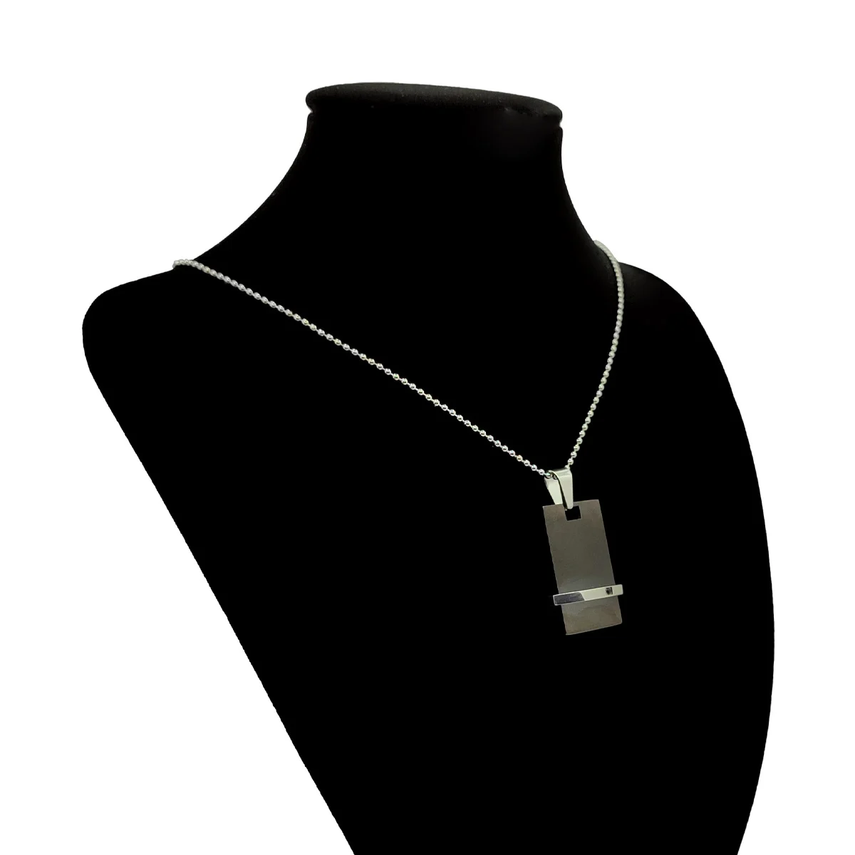 Collar Acero Placa Negra Linea Plateada Zirconia Elegante