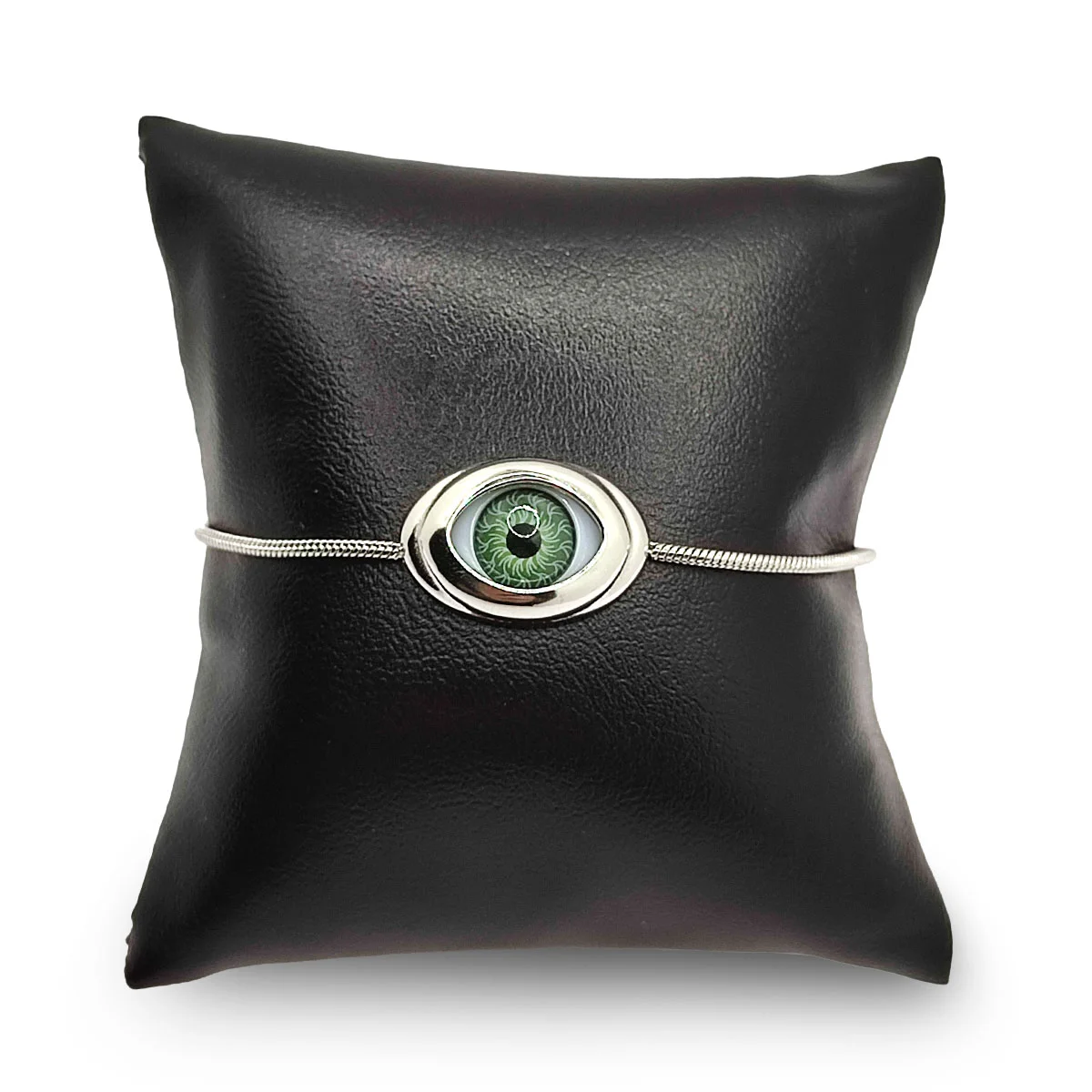 Pulsera Acero Inox Plateado Ojo Verde Realista Ajustable