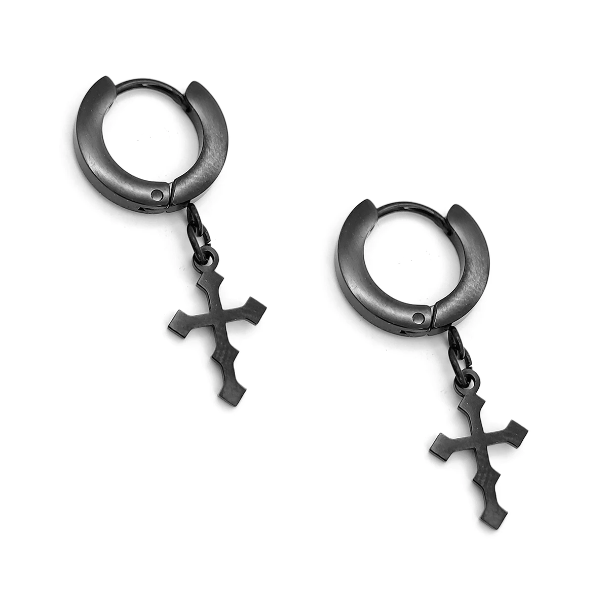 Aretes Acero Inox Negro Huggies Colgante Cruz Gótica