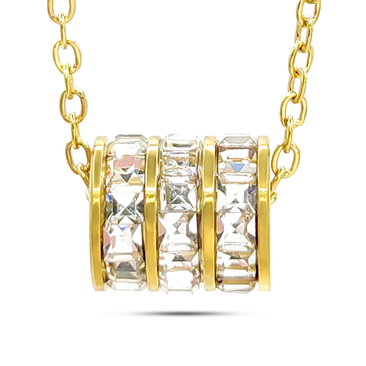 Collar Acero Barril Triple Fila de Zirconia Cuadrada