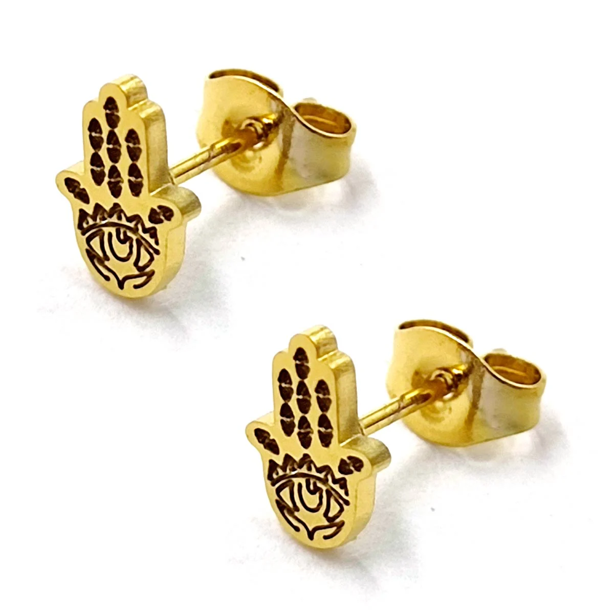Aretes Acero Inox Dorado Broquel Mano Fatima Ojo Turco