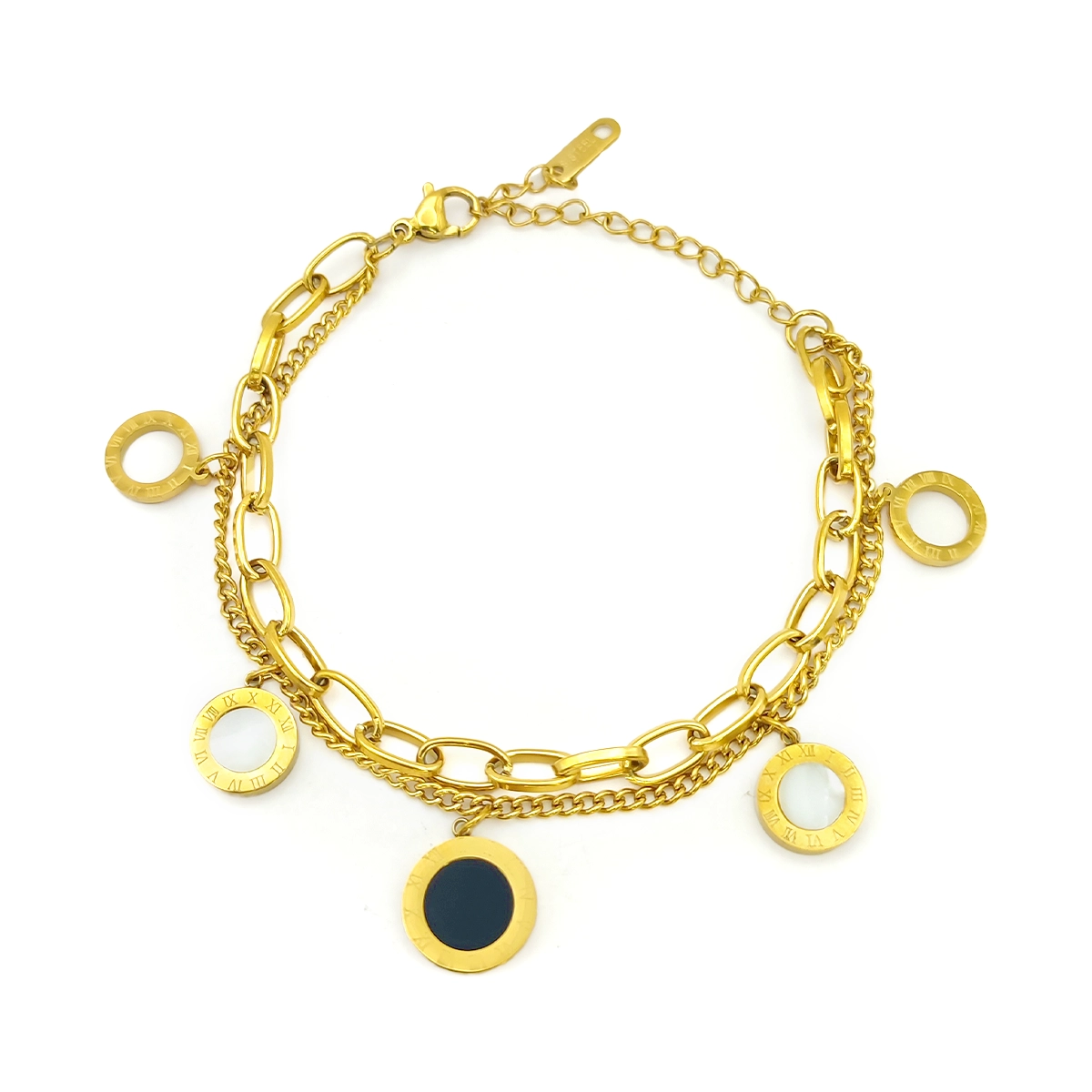 Pulsera Acero Doble Oval Cubana Círculos Madre Perla