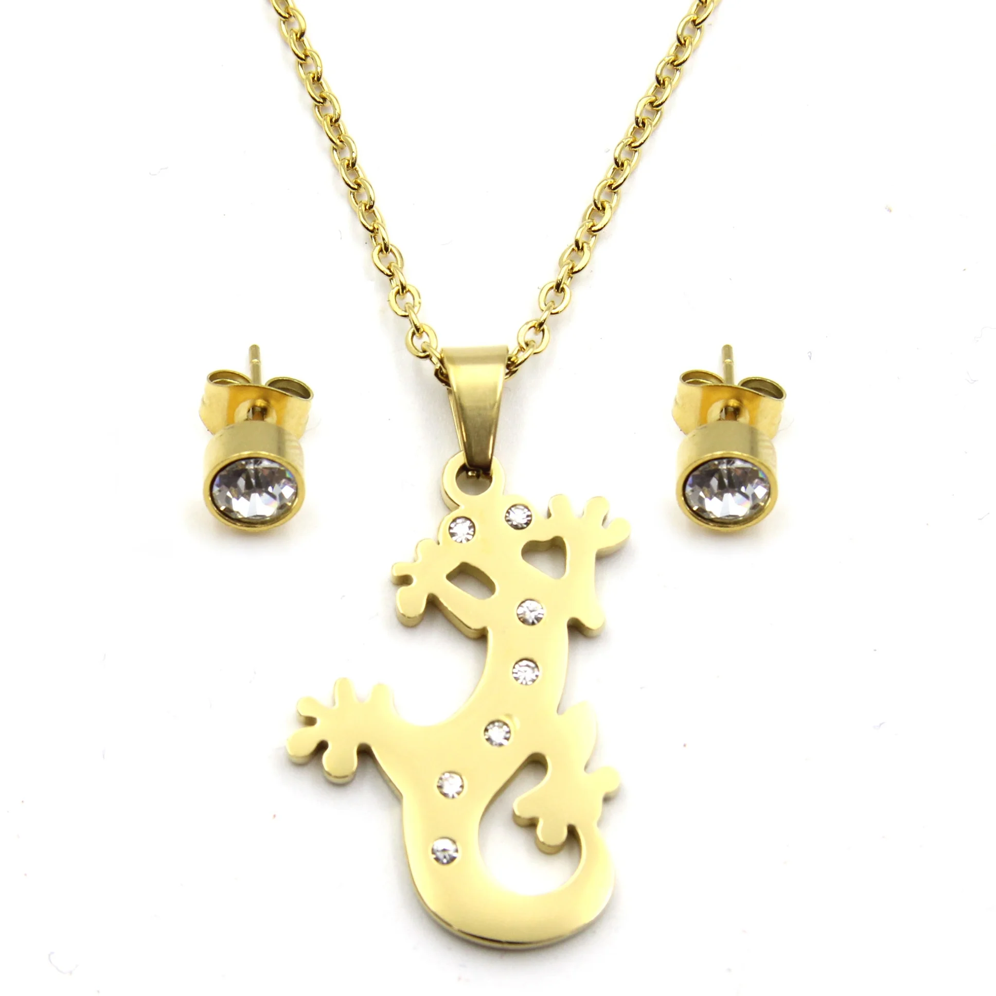 Set Joyeria Acero Dorado Cadena Aretes Dije Lagartija