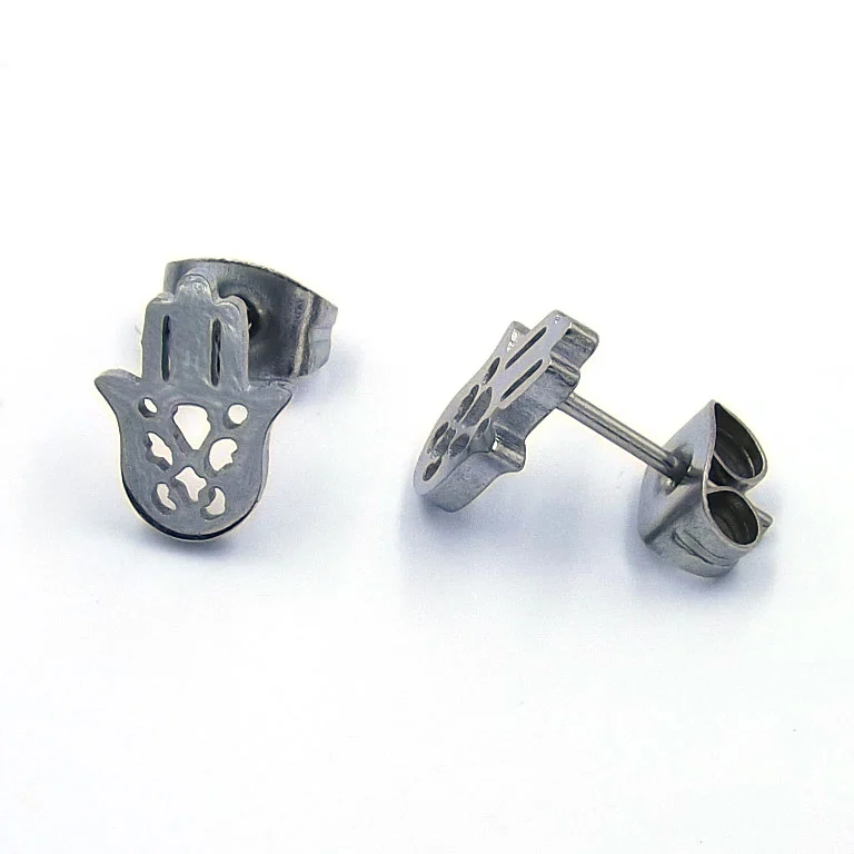 Aretes Acero Plateado tipo Broquel Mano de Fatima