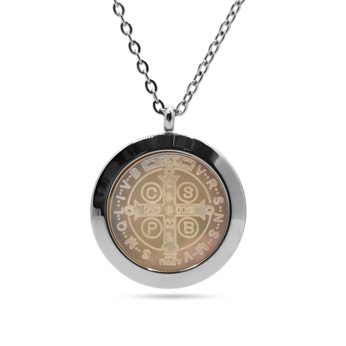Collar Acero Inox Plateado San benito Madre Perla Medalla