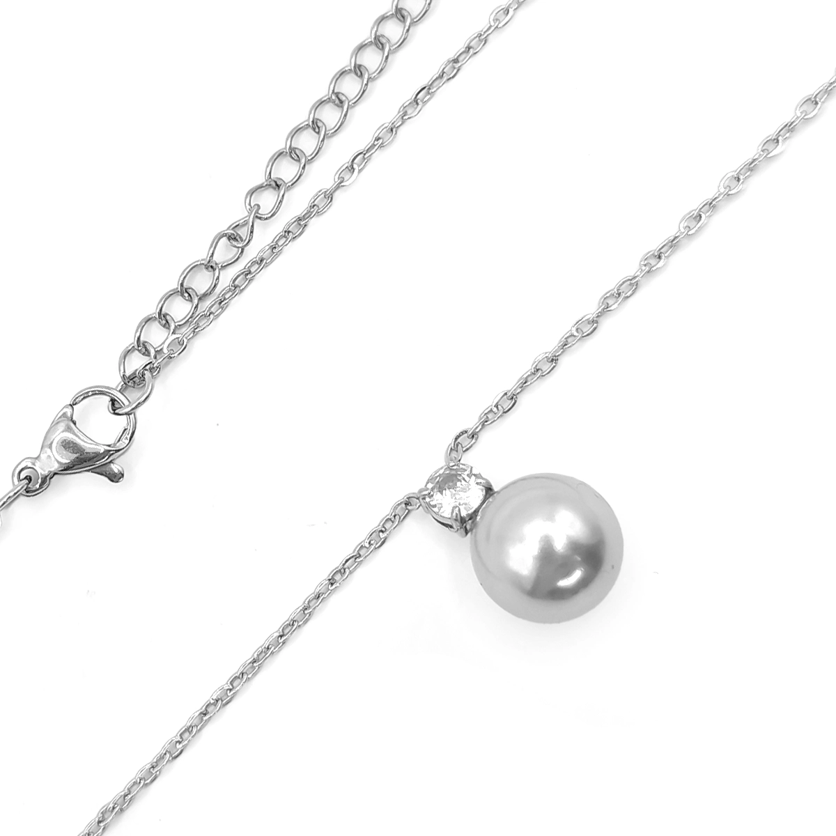 Collar Acero Plateado Perla con Zirconia Cubica Redonda