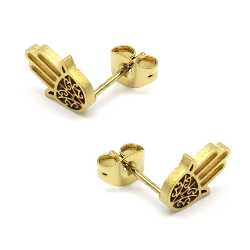 Aretes Tipo Broquel Acero Dorado Mano De Fátima Calada
