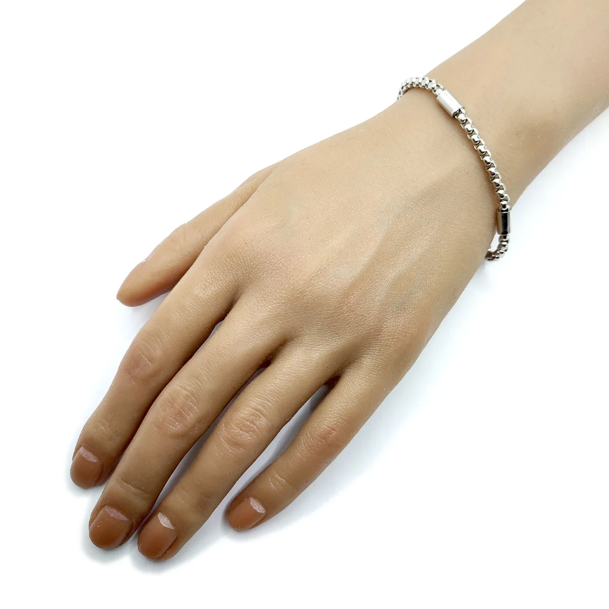 Pulsera Acero Inox Plateado Cadena Redonda Cuenta Tubular