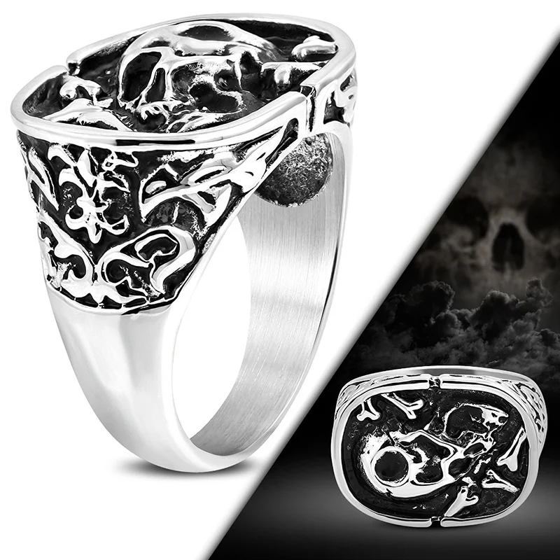 Anillo Acero Calavera Cráneo Huesos Chopper Enterrado