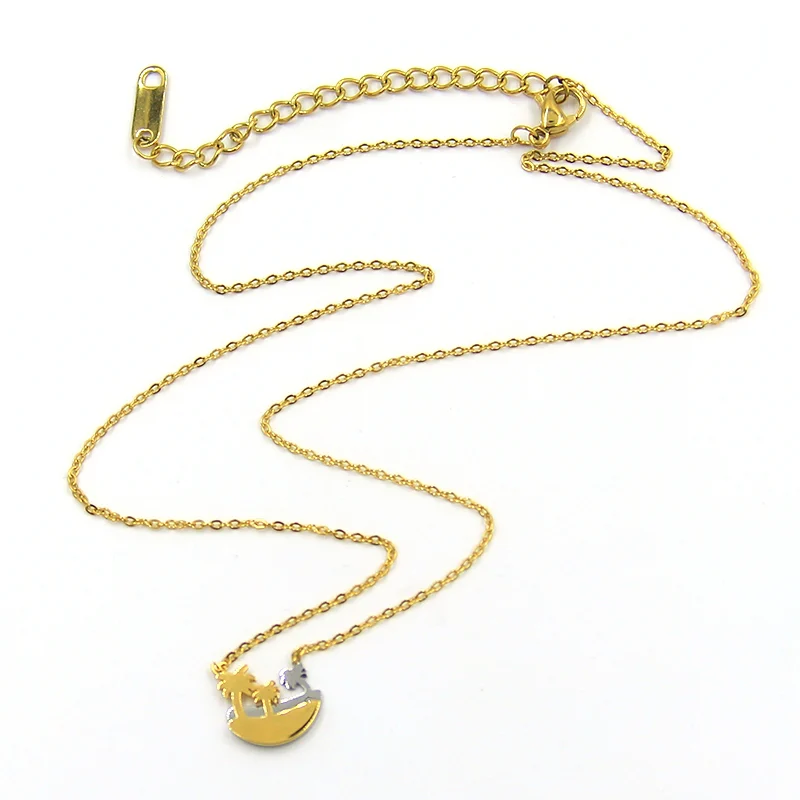 Collar Acero Dorado Micro Isla Tropical Palmeras