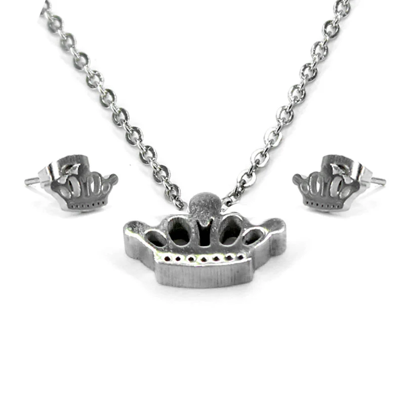 Set de Joyeria Acero Plateado Corona Princesa Tiara Real