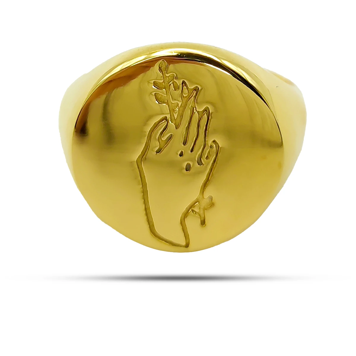 Anillo Acero Dorado Circular Plano Mano con Planta