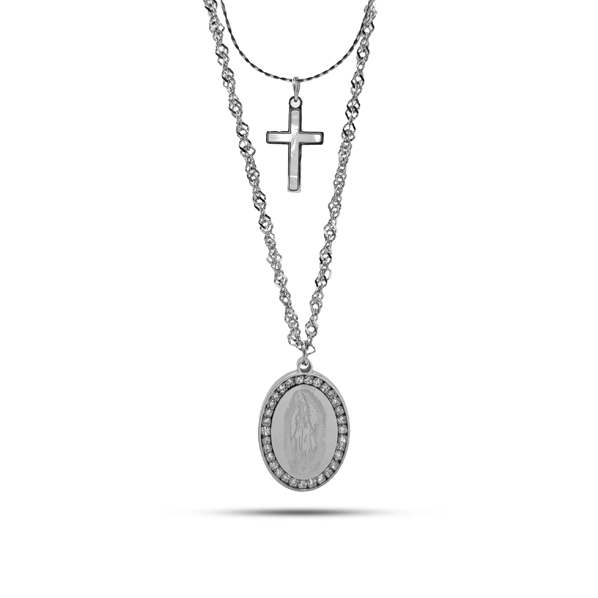Collar Acero Doble Virgen de Guadalupe Cruz Madre Perla