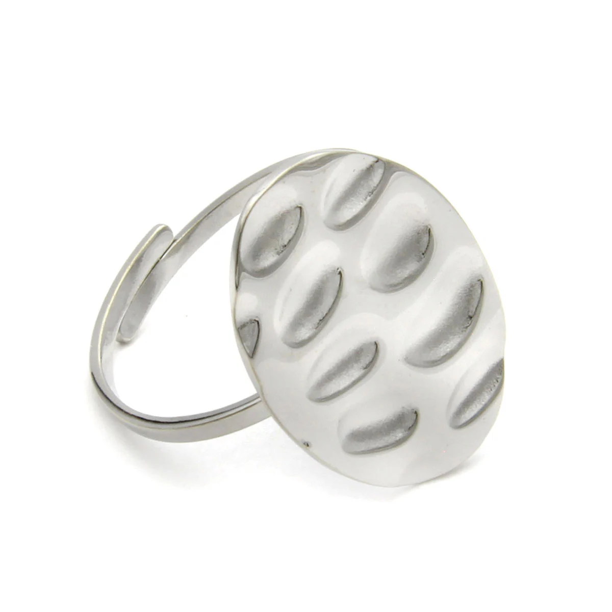 Anillo Acero Inox Plateado Martillado Ajustable Ovalado