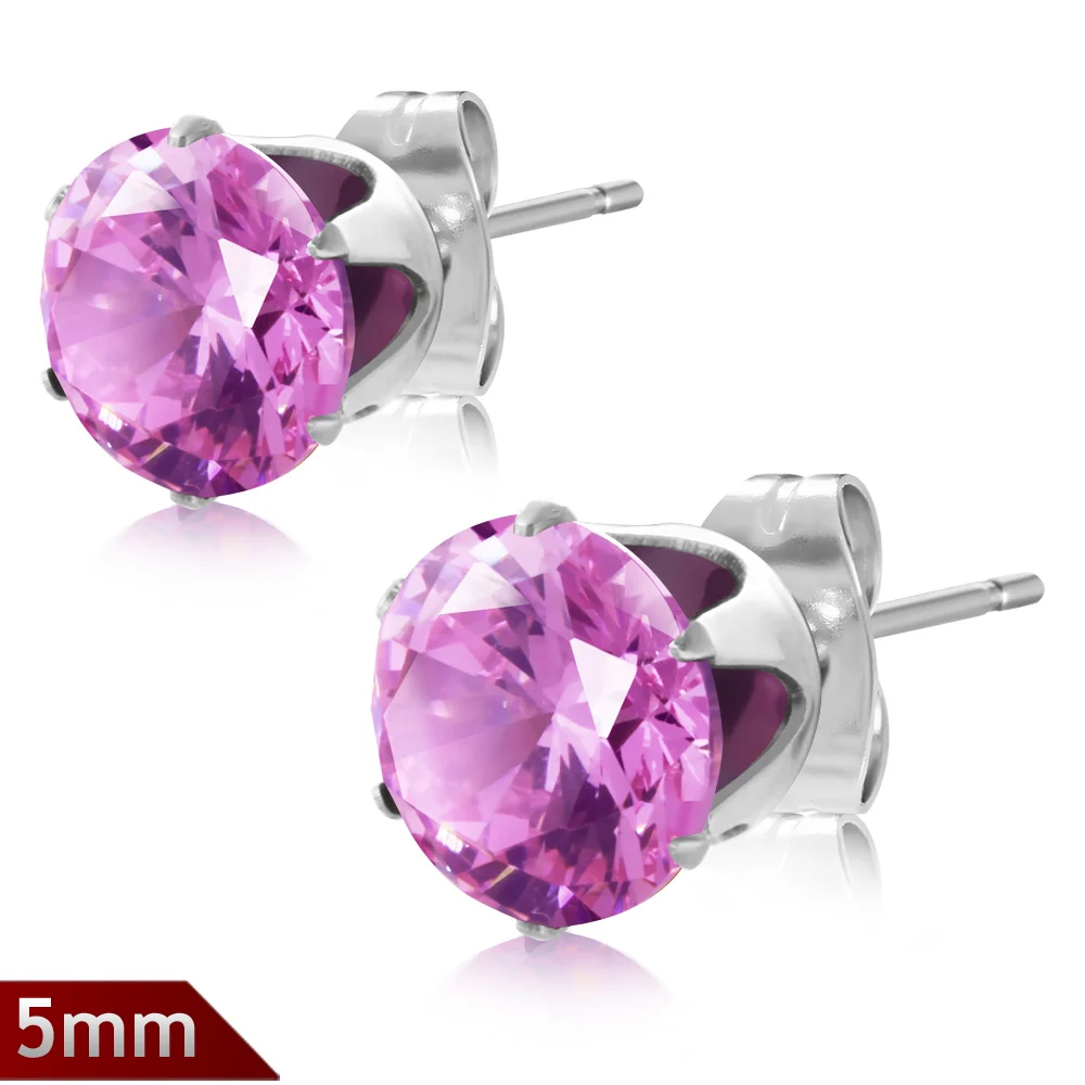 Broqueles Plateados con Zirconia Rosa de 5mm Diamante