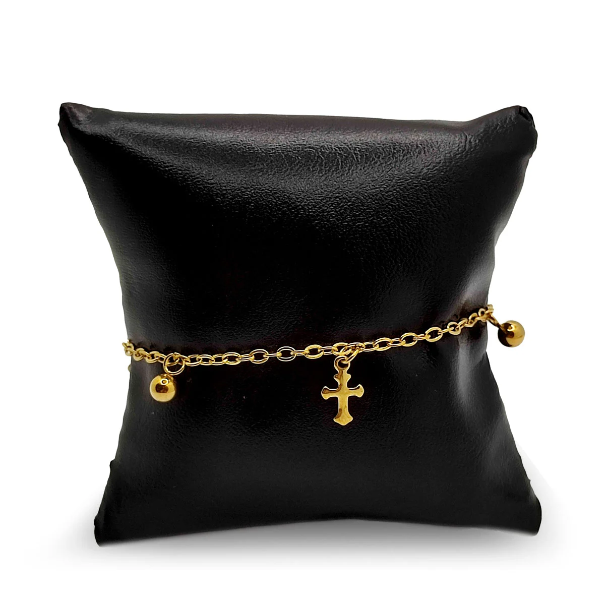 Pulsera Acero Dorado Colgantes Balines y Cruz Gotica