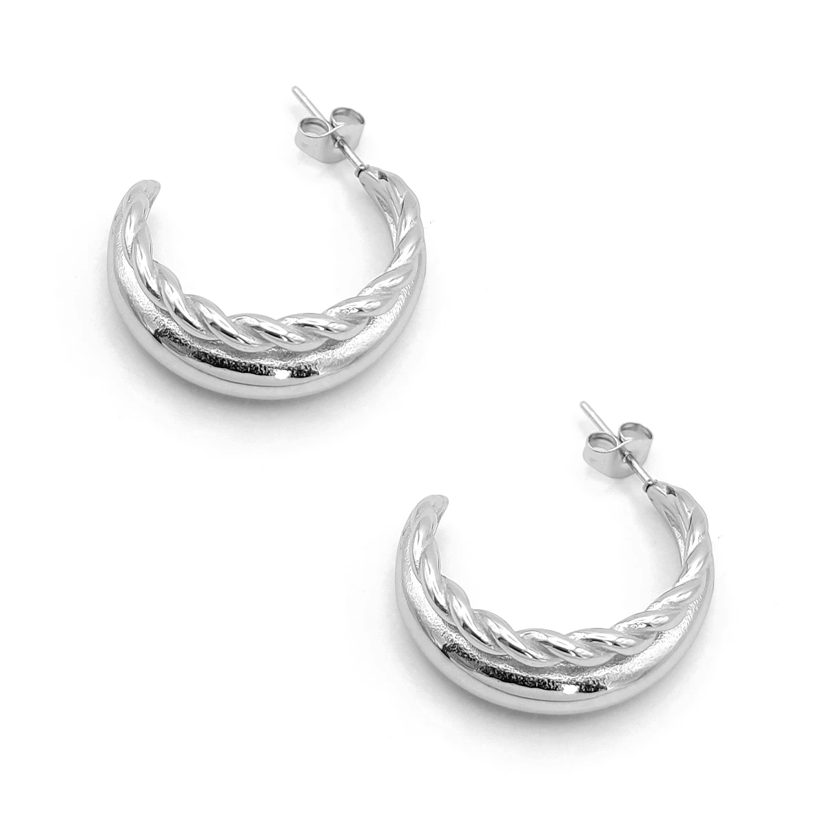 Aretes Acero Plateado Arracada Doble Torzal Tubo Liso