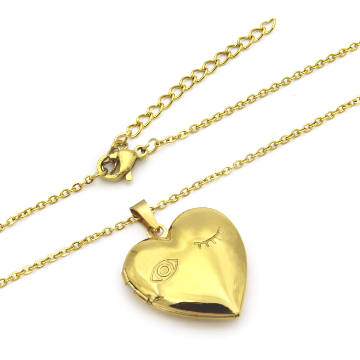 Collar Acero Inox Dorado Relicario Corazon Ojo Guiño 24mm