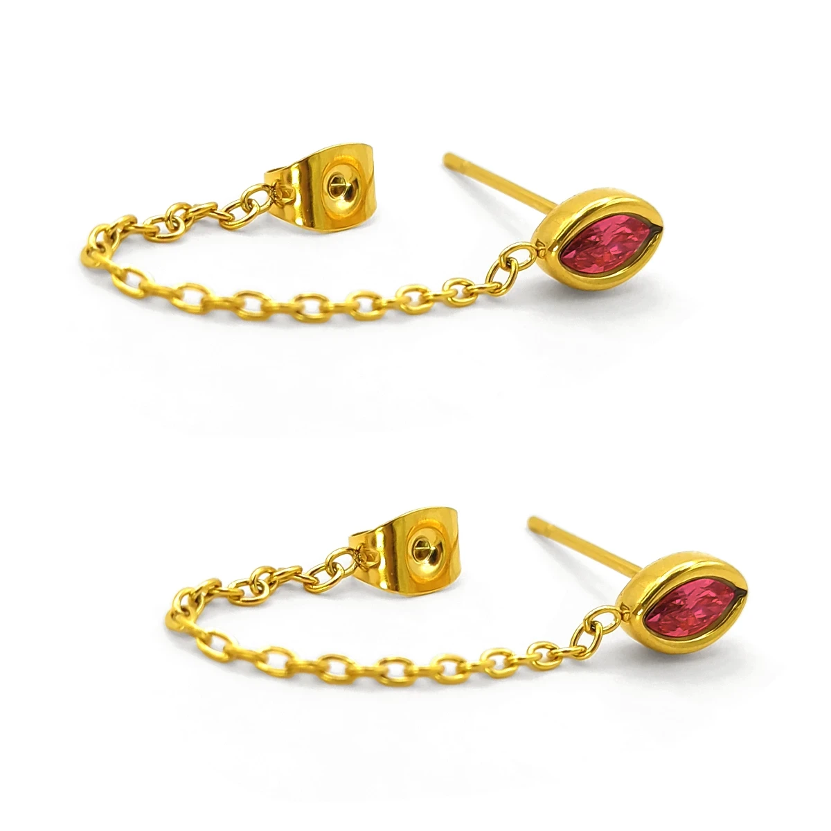 Aretes Acero Inox Broquel Cristal Marquesa Rosa Cadena