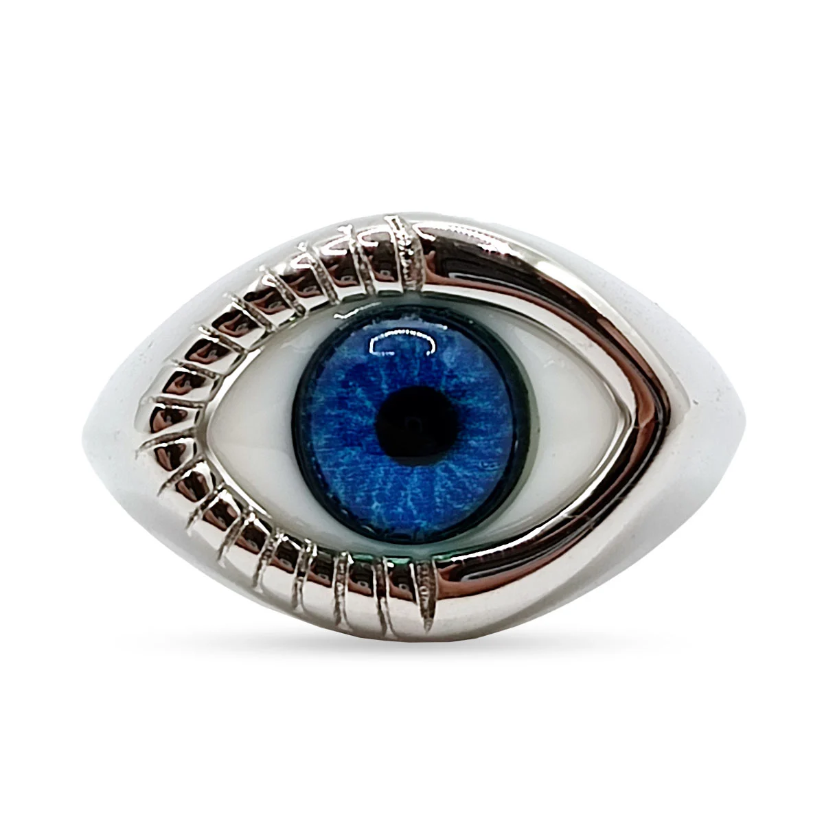Anillo Acero Inox Plateado Ojo Realista Azul Grabado